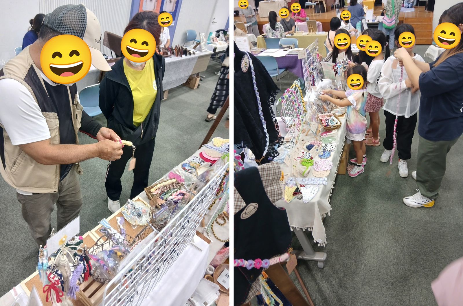 みらコラボ浦添経塚のブースで、ストラップやアクセサリーを手に取って選ぶ来場者の皆さん(2枚組)