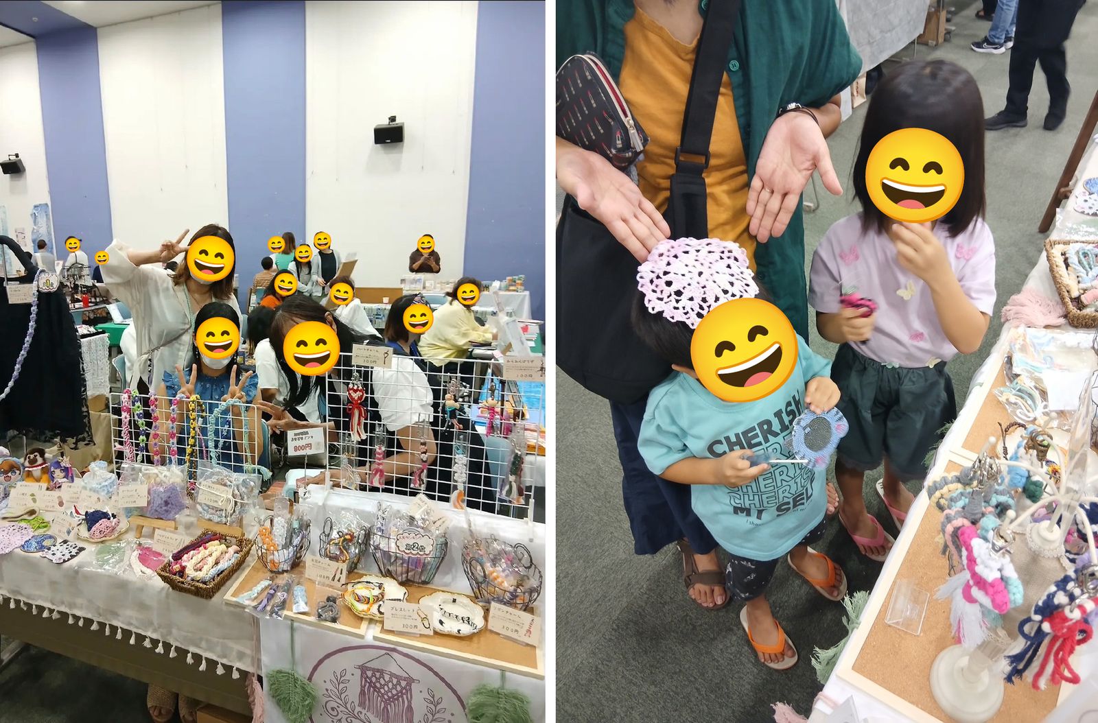 親子連れなど多くの来場者でにぎわう、みらコラボ浦添経塚のハンドメイド作品の販売ブース(2枚組)